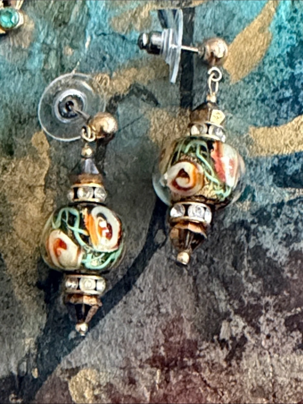 Handmade blown glass orange flowers crystal rhondelles posts pierced earrings